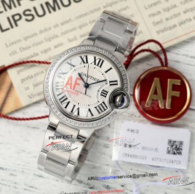 AF Cartier Ballon Bleu 33mm White Roman Face Stainless Steel Diamond Bezel Movement Watch